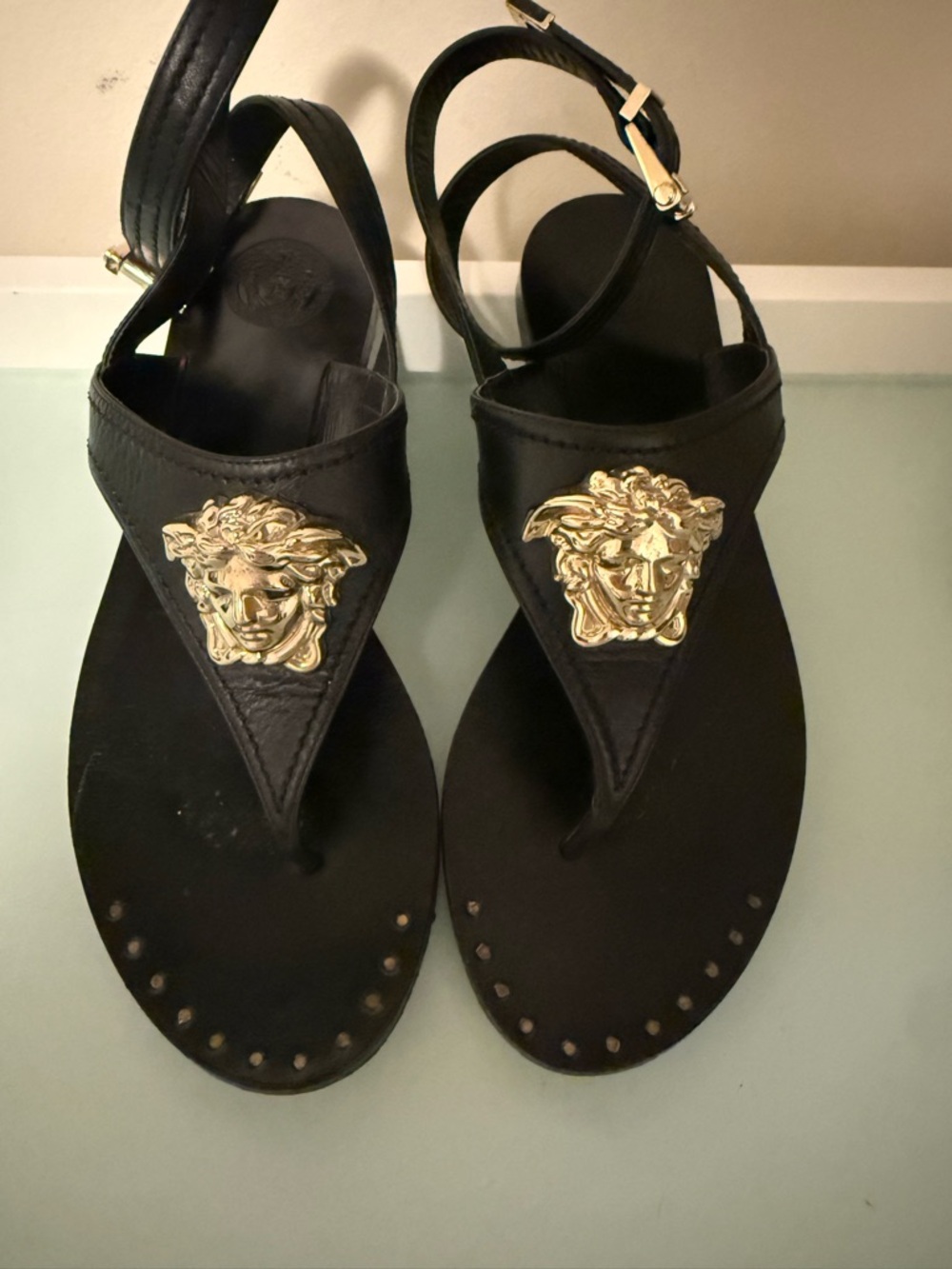 Versace Black Leather Medusa T-Strap Sandals with Gold Medallions